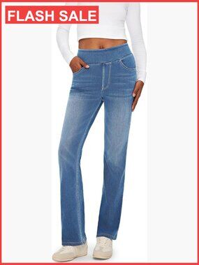 High Rise Stretchy Bootcut Jeans Women Pull On Elastic Waist Denim